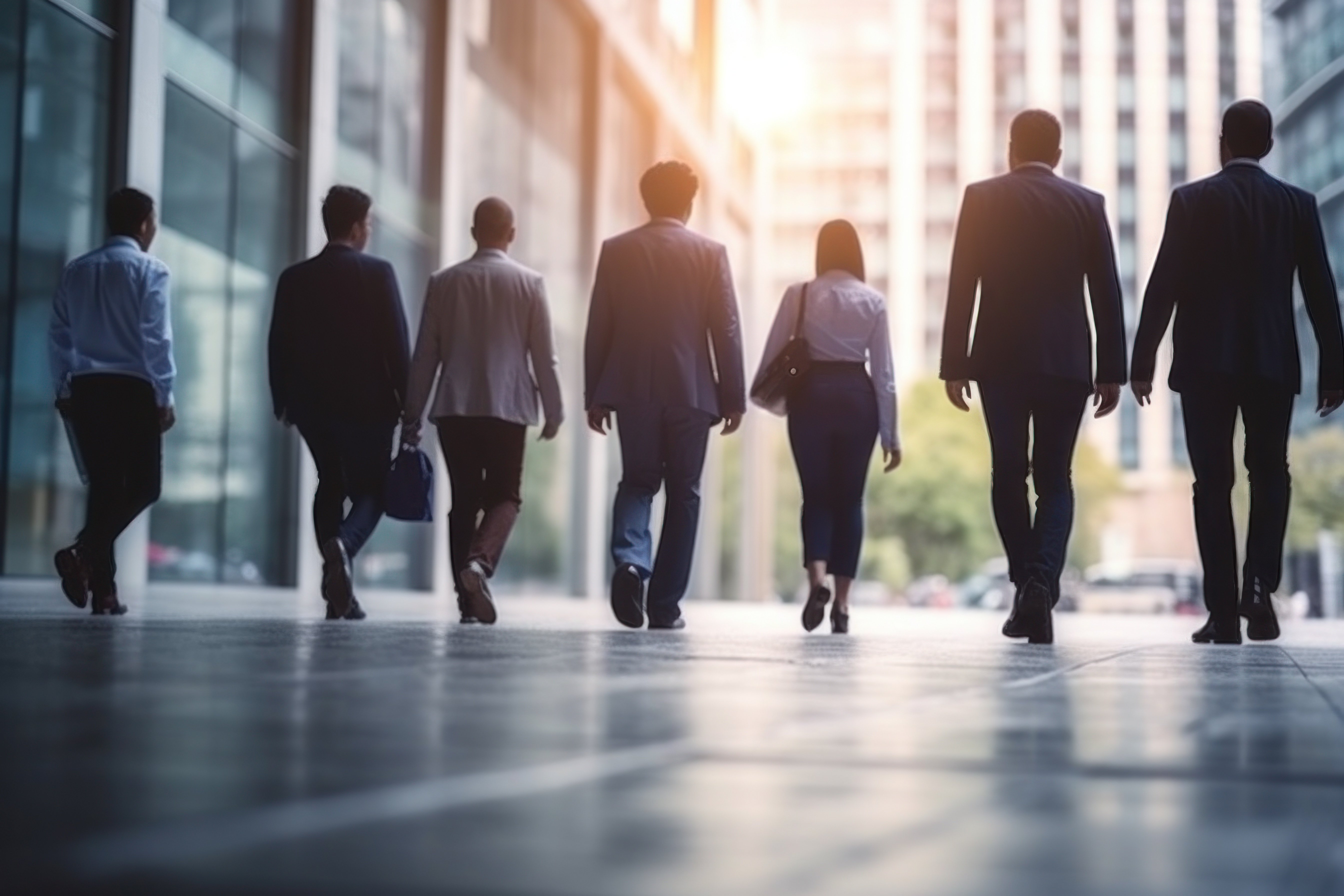 Men and Women walking to work outside office buildings