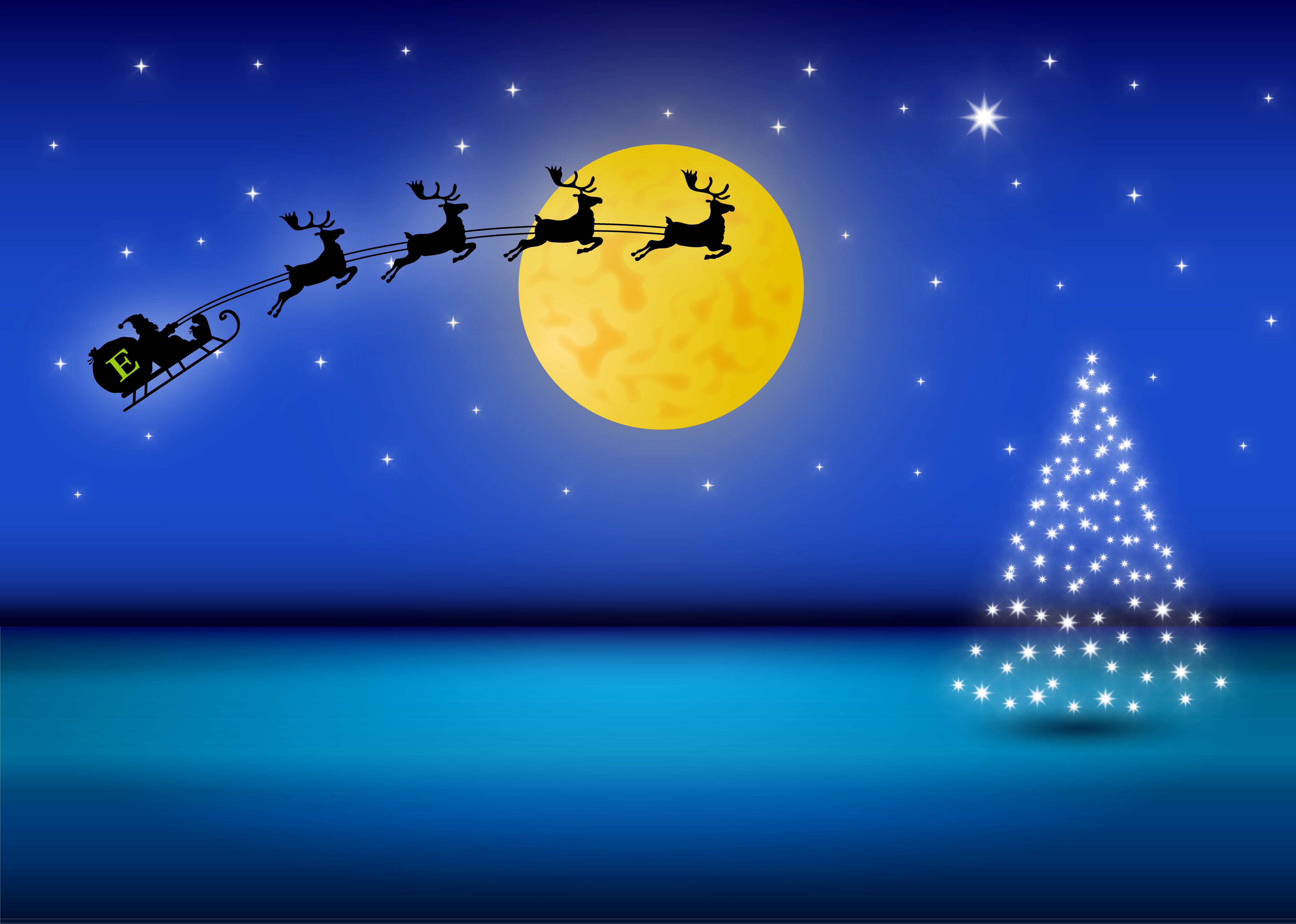 Santa and his reindeer sleigh with the ECLARO E flying over the moon