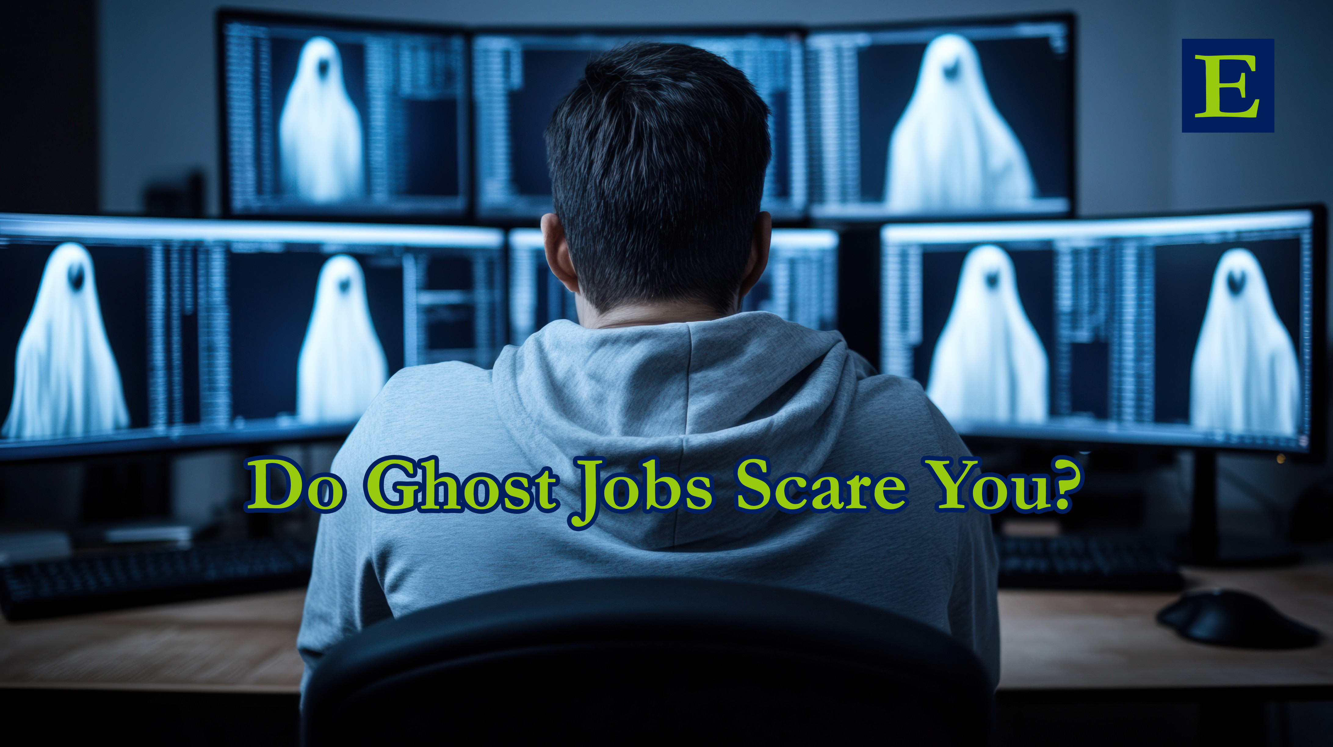 Ghost jobs phantoms on screens with worker sitting at desk